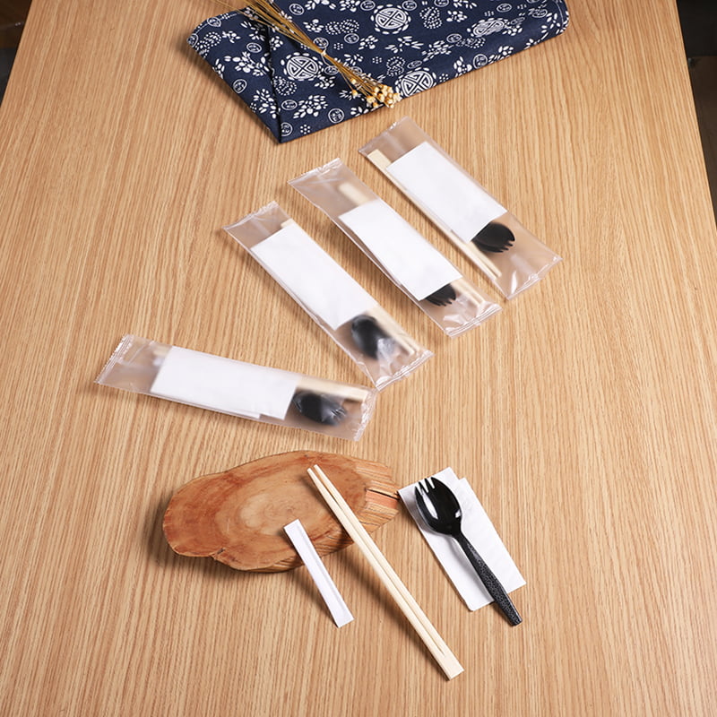 Engångsbambu ätpinnar 4st set med Spork Serviette Frostad kompositfilmset